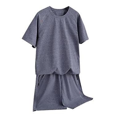 Imagem de Conjunto de camisas polo masculinas de gola redonda, cor sólida, conjunto curto de seda gelo, secagem rápida, 2 peças, Azul, Medium
