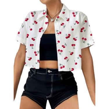 Imagem de Floerns Blusa feminina de manga curta com estampa de cereja e botões, Branco, M