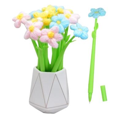 Imagem de SIPLIV 12 canetas esferográficas de gel em forma de flores coloridas pretas de 0,5 mm para escritório, material escolar, flor de seda