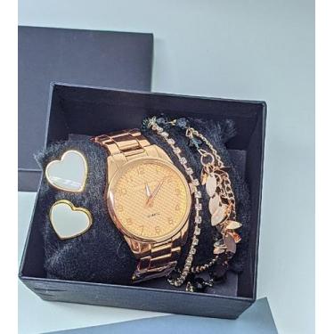 Imagem de Kit Relógio de Pulso Redondo Feminino Aço Inoxidável Quartzo Analógico