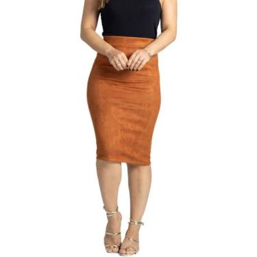 Imagem de Saia Midi Secretária Cintura Alta Scuba Suede Caramelo - Maranne, Cara