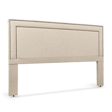 Imagem de Cabeceira Estofada Elegante 195cm Para Cama King Com Tachinhas Metal Fumê Madri - LH Móveis (Linho Bege)