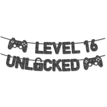 Imagem de Banner pré-amarrado nível 16 desbloqueado - NO DIY - Banner de aniversário de 16 anos - Banner de feliz aniversário de 16 anos - Glitter preto