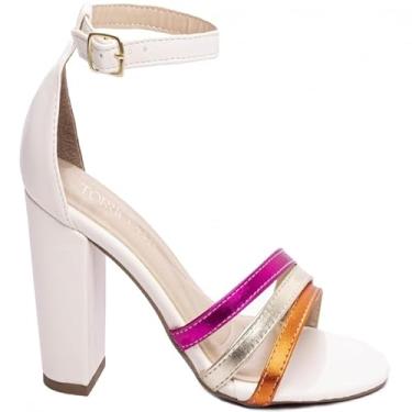 Imagem de Sandália Feminina 3 Tiras Colorida Salto Grosso 8,5 (Off White, BR, Adulto, Numérico, 36)