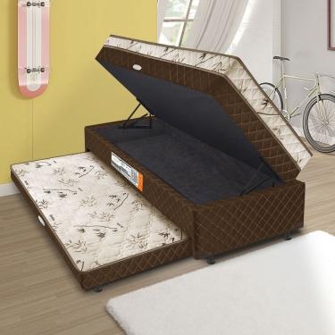 Imagem de Cama Box Baú Solteiro Conjugada com Mola com Cama Auxiliar - Matelassê Marrom