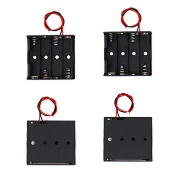 Imagem de 4 peças 4 x 1,5 V AA clipe de mola caixa de armazenamento de plástico 4 compartimentos x 1,5 V AA bateria suporte preto vermelho fios condutores (4AA)