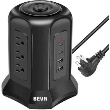 Imagem de Protetor contra sobretensão de torre de tomada elétrica, torre protetora contra surtos BEVA com 9 tomadas CA e 4 portas USB, cabo de extensão de 18 AWG, plugue plano de 3 pinos, várias tomadas para escritório, casa e dormitório essenciais
