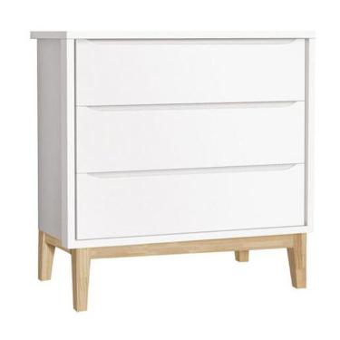 Imagem de Cômoda Infantil Classic 3 Gavetas Branco Fosco Com Pés Madeira Natural - Reller Móveis Branco Fosco