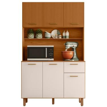 Imagem de Kit Armário Cozinha New Livia 6 Portas Freijó Ripado Off White Poliman