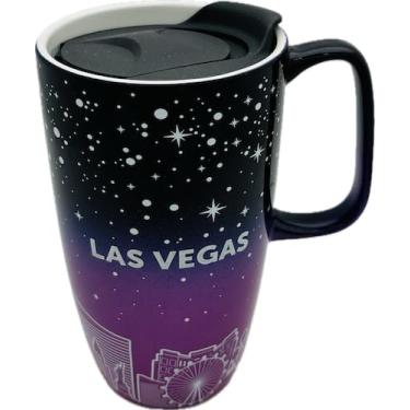 Imagem de Central Souvenir and Novelty LLC Caneca de viagem do horizonte de Las Vegas, design de noite estrelada, tampa deslizante, 4 cores (roxa)