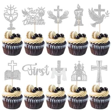 Imagem de 30 Pack First Holy Communion Cupcake Toppers Glitter Cross Bible Cupcake Picks God Bless Cake Decorations for First Communion Baptism Religion Theme Birthday Party Supplies Silver