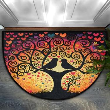 Imagem de Capacho para ambientes externos, árvore, pássaro, amor, coração, meio redondo, tapete de entrada, antiderrapante, absorvente, tapete para decoração de varanda, tapete de entrada discreto, tapete de