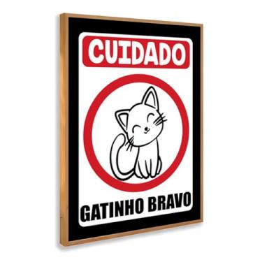 Imagem de Quadro Decorativo Cuidado Gatinho Bravo Com Moldura Aviso Divertido Sinal Pet Humor Gato Preto e Branco Engraçado Visual Estampa Fofa