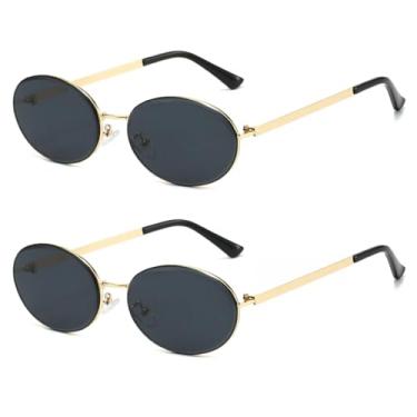 Imagem de HCHES Óculos de sol vintage de metal oval com armação pequena retrô, proteção UV400, para homens e mulheres, moda (2C1)