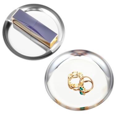 Imagem de 2 bandejas prateadas, bandeja redonda de aço inoxidável de 10 cm, bandejas de joias circulares, bandejas decorativas de mesa de café, bandeja de servir, prato de vela para banheiro, vela, perfume