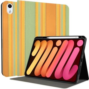 Imagem de MAYCARI Capa para iPad com listras laranja verde outono para iPad Mini 6 2021 8,3 polegadas com suporte para lápis feito à mão iPad Mini 6ª geração, capa rígida protetora para iPad de grão fino com