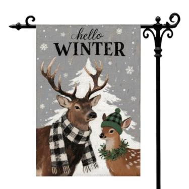 Imagem de Olá bandeira de jardim de inverno para fora de rena de inverno floco de neve bandeira decorativa dupla face sazonal casa de fazenda natal decoração ao ar livre 30 x 45 centímetros (A538)