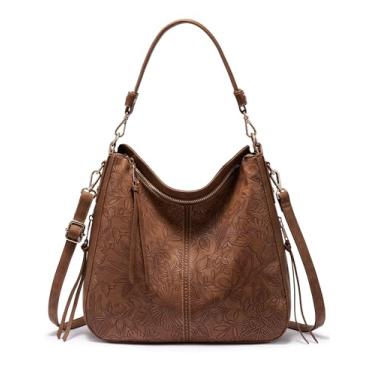 Imagem de Realer Hobo Bolsas transversais femininas de couro sintético Hobo, retrô, grande, bolsa de ombro, Flor marrom, Medium-12.4 inch