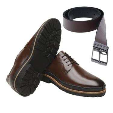 Imagem de Kit Sapato Masculino Derby Londres Café + Cinto Dois lados Turunelli | Couro Bovino Legítimo | Palmilha em Gel, Cadarço Encerado e Solado Leve | Elegante e Confortável (BR, Adulto, Numérico, 41)