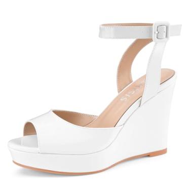 Imagem de Sandálias femininas elegantes plataforma plataforma cunha cunha ouro peep toe patente salto alto slingback confortável sapatos com tira no tornozelo, Patente branca, 36