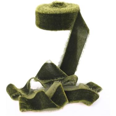 Imagem de Skypure Fita de veludo com borda desgastada de 1,5 x 5 metros, veludo de seda oliva para bricolagem de Natal, embrulho de presente, grinalda, buquê e artesanato de decoração de casa (fita de veludo