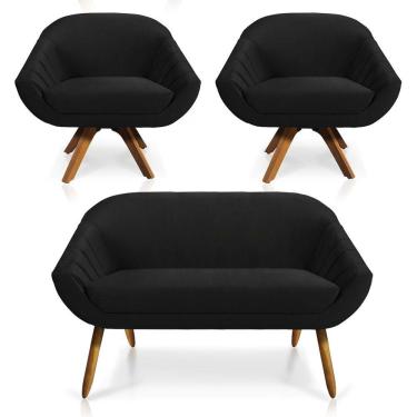Imagem de Kit 01 Namoradeira 02 Lugares E 02 Poltronas Giratória Giovana Veludo Base Madeira Preto