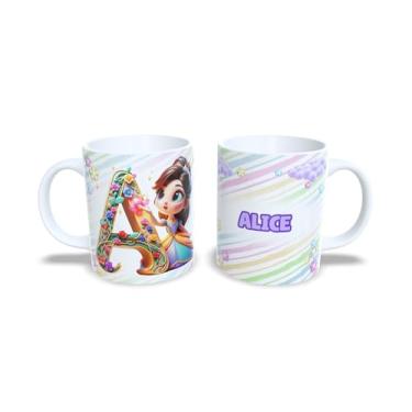 Imagem de caneca cerâmica 325 ml alfabeto princesas, todas as letras, nomes personalizados, Design Colorido com Flores (a)