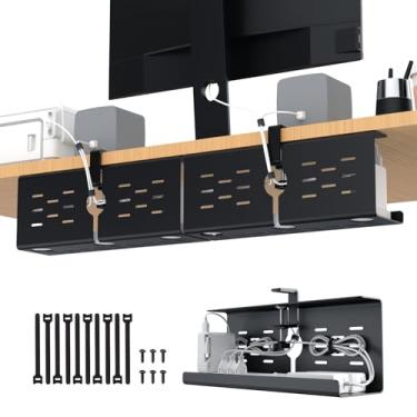 Imagem de KEEGH Bandeja de gerenciamento de cabos sob a mesa de 41 cm (conjunto de 2 organizadores de cabos com fixação em C sem broca, cabo de conexão de bandeja de gerenciamento de fio de liga, organizador de