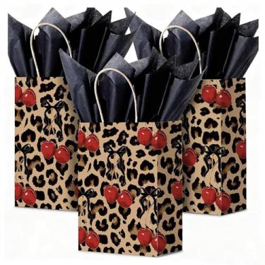 Imagem de Whaline 16 peças de sacos de presente de papel com estampa de leopardo marrom chita vermelha cereja sacos de lembrancinha de festa com alças e papel de seda para safári animal aniversário brindes