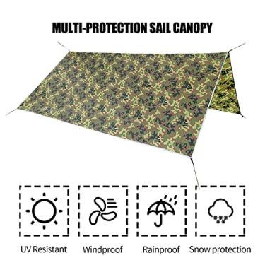Imagem de CUOFYUNL 10 x 10 FT Barraca de acampamento Lona Vela Canopy Camuflagem Abrigo de lona À prova d'água Chuva Mosca UV Resistente ao sol com estacas Corda Bolsa de armazenamento para