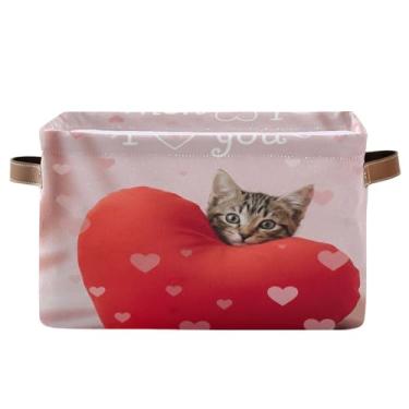 Imagem de Wassud Caixa de armazenamento de lona de gato com corações com alças, cestas organizadoras dobráveis para armário, banheiro e decoração de casa, 1 pacote