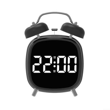 Imagem de Relógio despertador de sino duplo com visor de LED, moderno, alarme alto de 70 dB, silencioso, sem tique-taque, alimentado por USB ou bateria, preto e branco, brilho ajustável 18 x 12 x 8 cm para