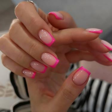 Imagem de SXVME Pregos curtos quadrados prensados, rosa choque, pontas francesas com cola, unhas postiças naturais francesas, 15 tamanhos – Kit de 30 colagem de gel macio nas unhas, visual realista, clássico