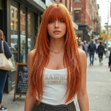 Imagem de Perucas de cabelo humano liso com franja frontal de renda pré-arrancada peruca de cabelo humano para mulheres perucas sem cola densidade 200 33 polegadas tangerina