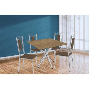 Imagem de Conjunto: Mesa Sala Jantar Volga C- Tampo De Madeira 90cm E 4 Cadeiras Florença Cromado-nogueira - Marrom - Kappesberg