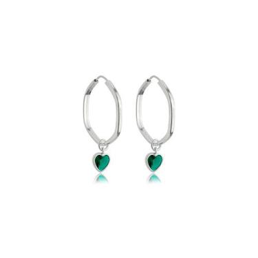 Imagem de Brinco Feminino Prata 925 Argola com Pingente Coração Zircônia Verde
