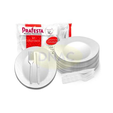 Imagem de Kit Descartável Para Churrasco Resistente, Branco, Prafesta, 10 Pratos, 10 Garfos, 10 Facas