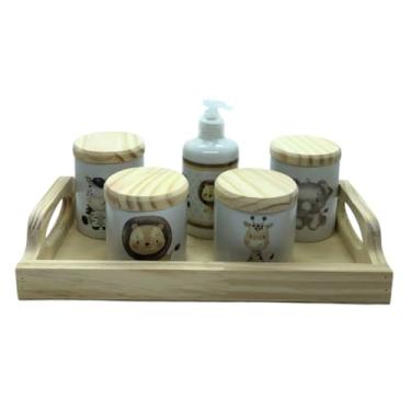 Imagem de Kit higiene bebê Safari 6 peças - Bandeja, potes, porta álcool - Peças Porcelana Bandeja e Tampas Pinus