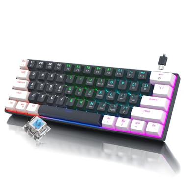 Imagem de RAZEAK Teclado portátil de 60%, mini teclado mecânico compacto de 61 teclas para PC/Mac Gamer alternável colorido retroiluminado - interruptor azul - branco + preto
