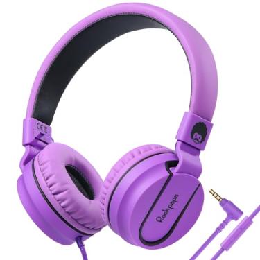 Imagem de rockpapa Fones de ouvido com fio 950 para crianças, meninas, meninos, para sala de aula escolar, com microfone, fones de ouvido com fio dobráveis com conector de 3,5 mm para laptop, computador,