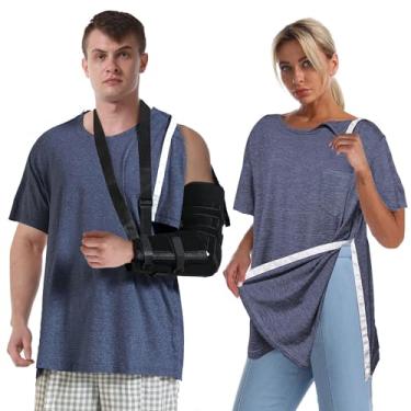 Imagem de Camisetas femininas pós-cirurgia de ombro unissex com encaixe para homens manga curta Chemo Port Access Adaptive Clothing, Azul marino, GG