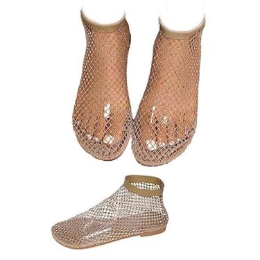 Imagem de Sandálias rasteiras femininas de malha brilhante sem cadarço, sem cadarço, sandálias com boca de peixe e lantejoulas para meias arrastão elásticas, Dourado, 40