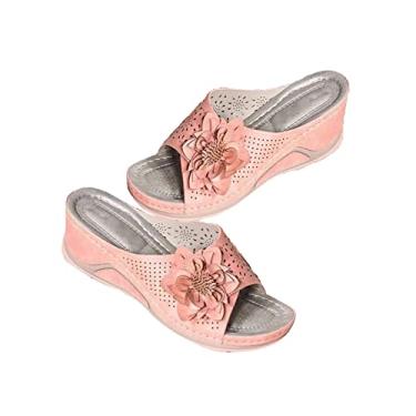 Imagem de Sandálias femininas ortopédicas ortopédicas de couro com recorte floral 3D com palmilha macia e suporte de arco, chinelos retrô boêmios, mocassins de camurça., rosa, 5