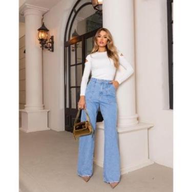 Imagem de Calça Jeans Wide Leg Feminina Cintura Alta Carpinteiro Básica 23050 Clara Consciência-Feminino