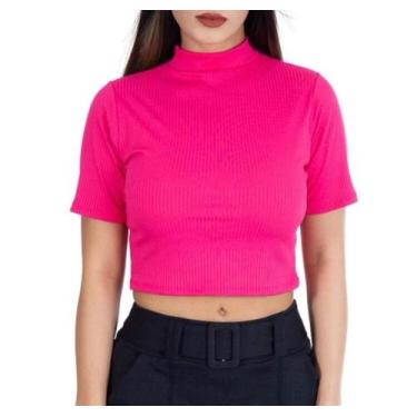 Imagem de Blusa Cropped feminino canelado básico manga curta gola alta moda fash