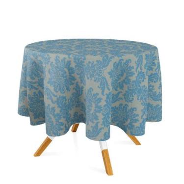 Imagem de Toalha de Mesa Redonda em Tecido Jacquard Azul e Dourado Medalhão Trad