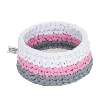 Imagem de Cesto Crochê Redondo 15 CM Rosa e Cinza Quarto Bebê Infantil - Potinho