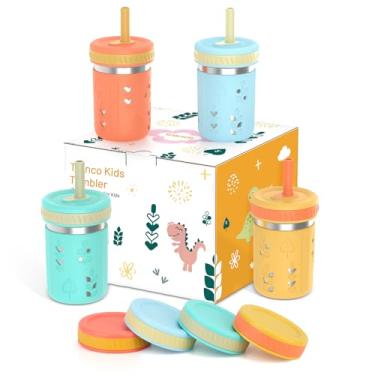 Imagem de Tronco Copos infantis de aço inoxidável com bico, 283 g Mason Jar Copos de Smoothie para crianças com mangas de silicone e canudo flexível resistente a derramamentos, livre de BPA, lavável na