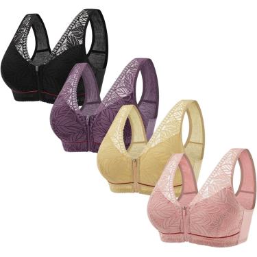 Imagem de Sutiã feminino para idosos, zíper frontal, sutiã confortável com fecho frontal, renda sem anel de aço, alça larga, tipo colete, tamanho grande, multicolorido, 52B
