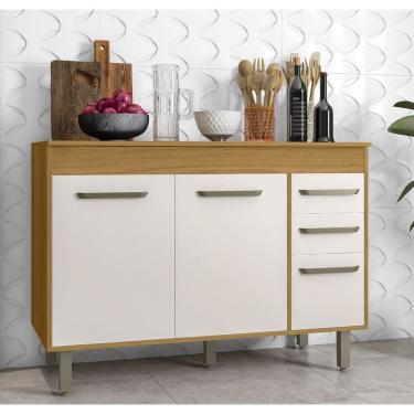 Imagem de Balcão Multiuso Malta 3 Portas 2 Gavetas com Tampo MDP - Freijó/ Off Acetinado Poliman